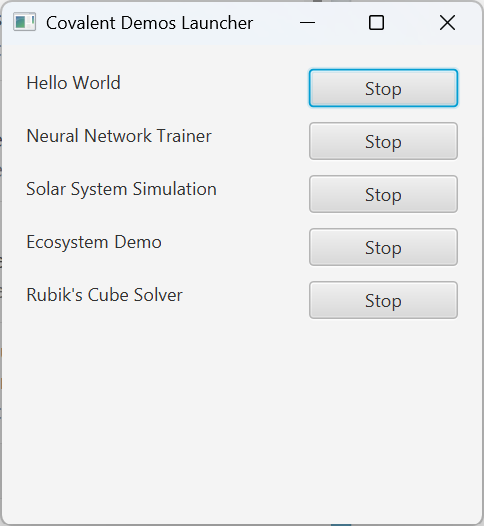 The Covalent Demos launcher, with every demo started